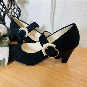 COPY - Black Mary Janes 1920s 1950s Vintage Gatsby Retro Block Pearl Buckle Sho…